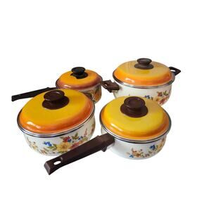 Vintage Pans JMP Sweet Flowers Lot of 4 w/ Lids Spain Enamel Floral orange